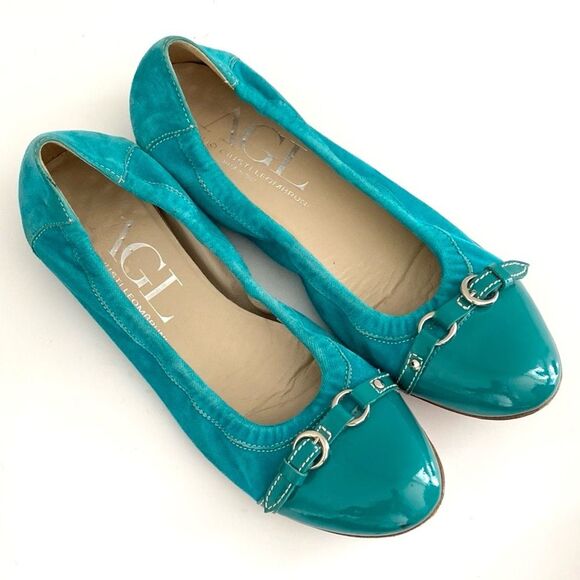 AGL Monica Teal Patent Leather & Velvet Teal Ballet Flats sz 10 Preppy Office - Picture 1 of 11